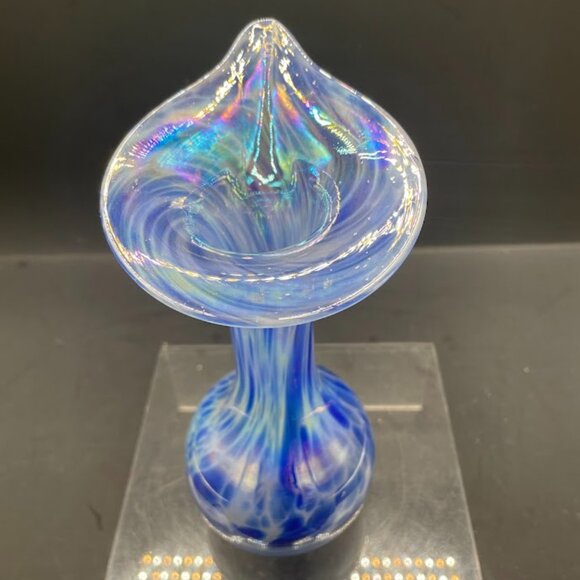 Iridescent Blue and White Swirl Jack in the Pulpit Art Glass Hand Blown Vase - Picture 2 of 8
